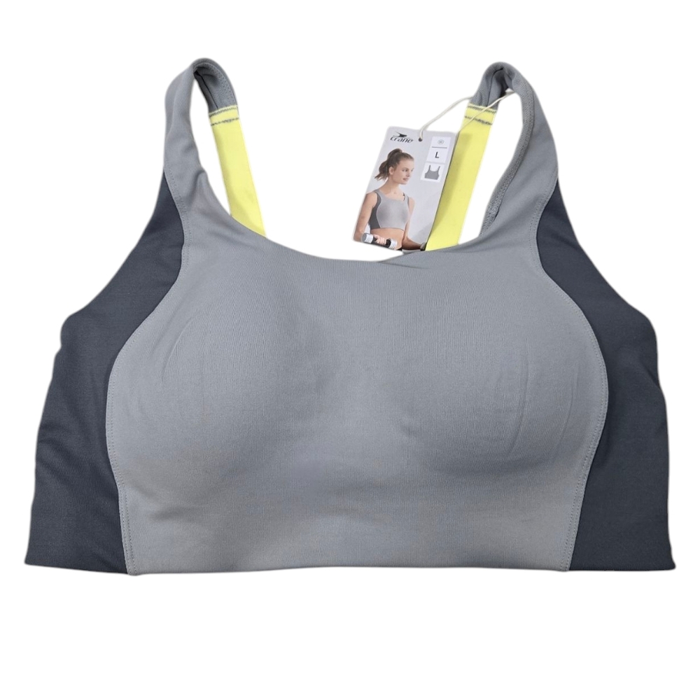 Crane Gray and Yellow Racerback Sports Bra with Moisture-Wicking Fabric